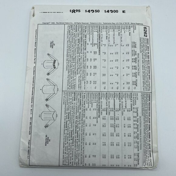 McCall’s 6262 Sewing Pattern Easy Western Shirt Men Women Size XS Uncut 1992 - Picture 3 of 3